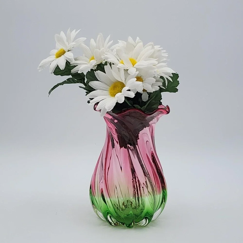 Vintage Teleflora Vase Hand Blown Glass Pink to Green Swirl & Ruffled Rim 7.5